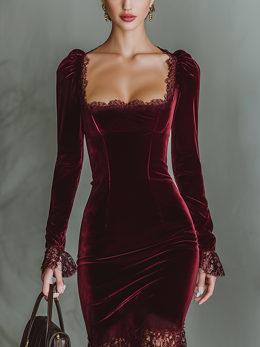 Women's Burgundy Velvet Lace Fitted Maxi Dress MDA1190J4T – Modesees
